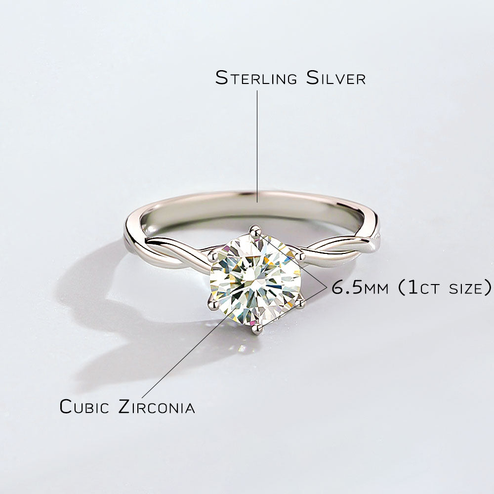 Round Cubic Zirconia Diamond Simulated Ring In Sterling Silver