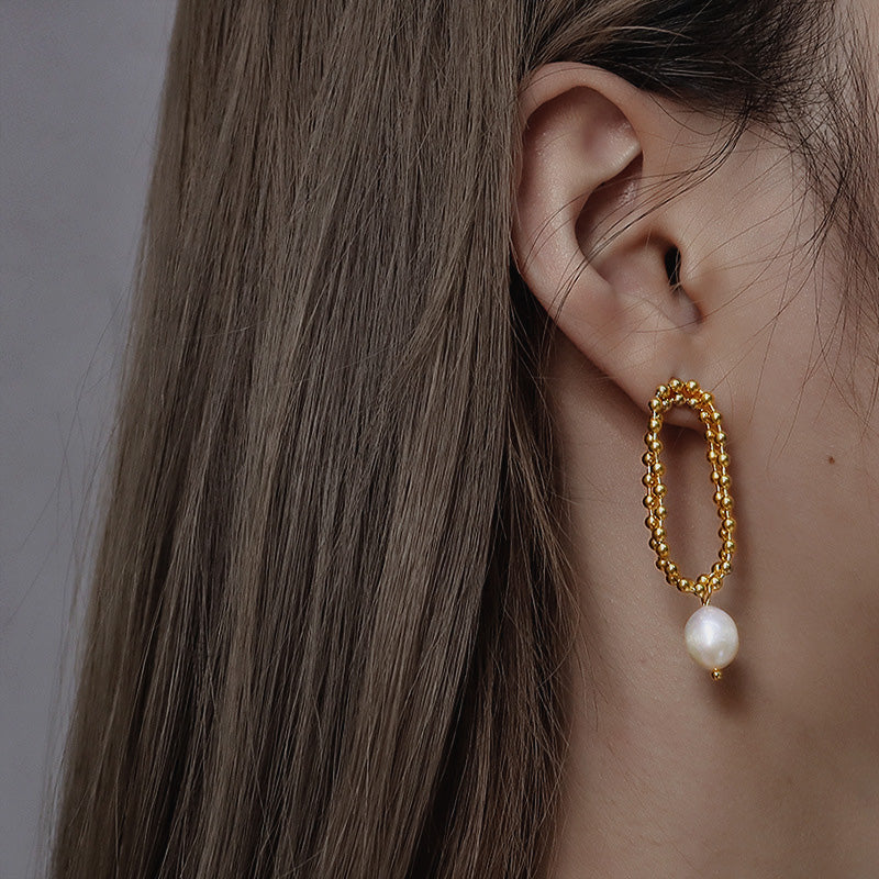 Stainless Steel Bead Chain & Freshwater Pearl Drop Earrings