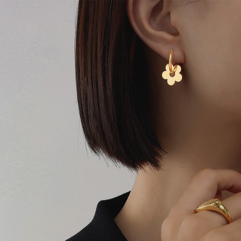 Stainless Steel Metal Sequin Flower Huggie Hoop Earrings