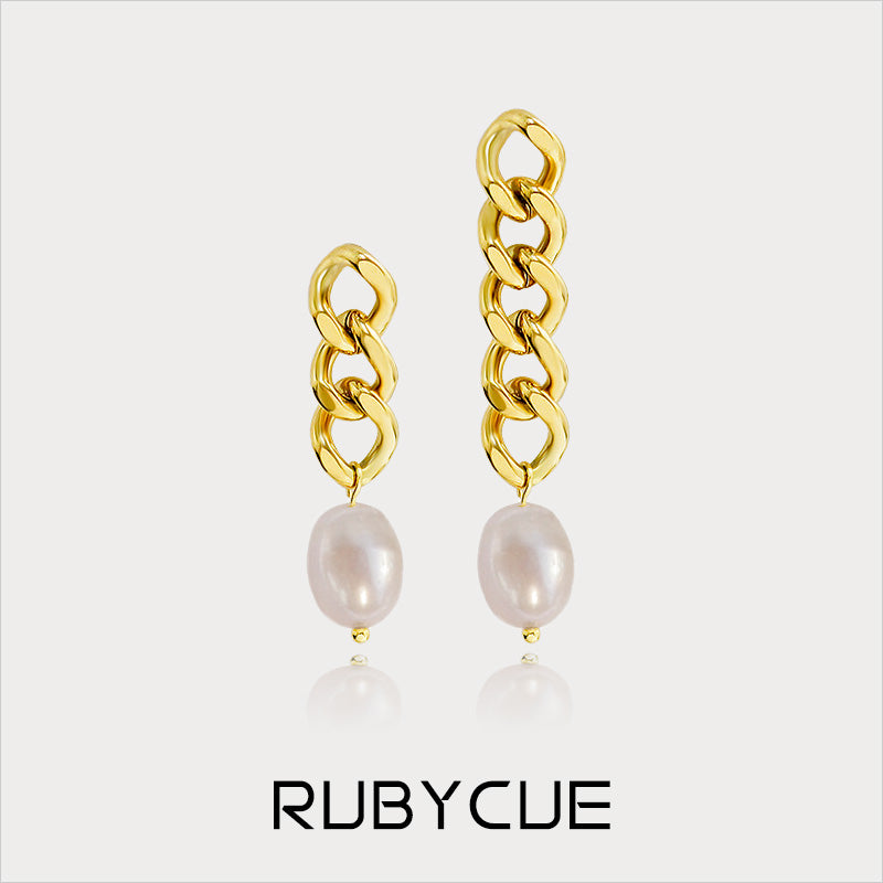 Stainless Steel Chain & Freshwater Pearl Drop Mismatched Earrings