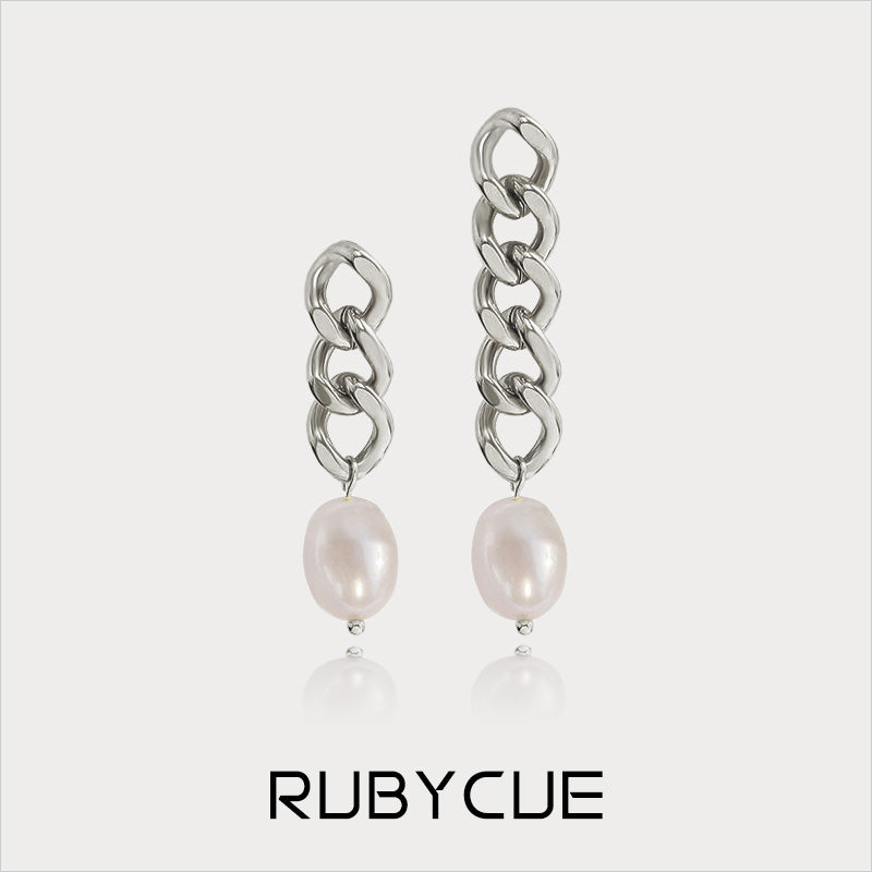 Stainless Steel Chain & Freshwater Pearl Drop Mismatched Earrings