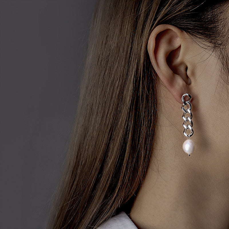 Stainless Steel Chain & Freshwater Pearl Drop Mismatched Earrings