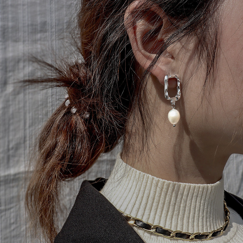 Stainless Steel Rectangle & Freshwater Pearl Drop Earrings