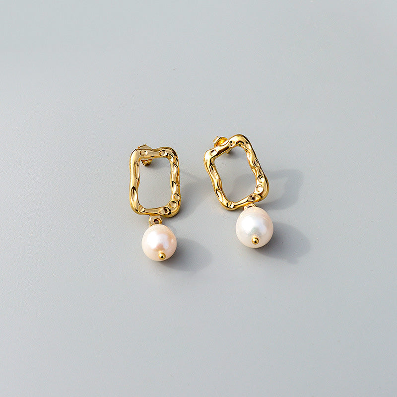 Stainless Steel Rectangle & Freshwater Pearl Drop Earrings