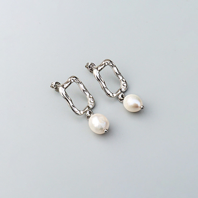 Stainless Steel Rectangle & Freshwater Pearl Drop Earrings