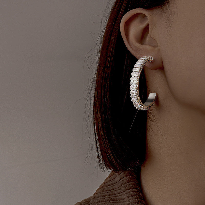 Stainless Steel Baguette Cubic Zirconia C Hoop Earrings