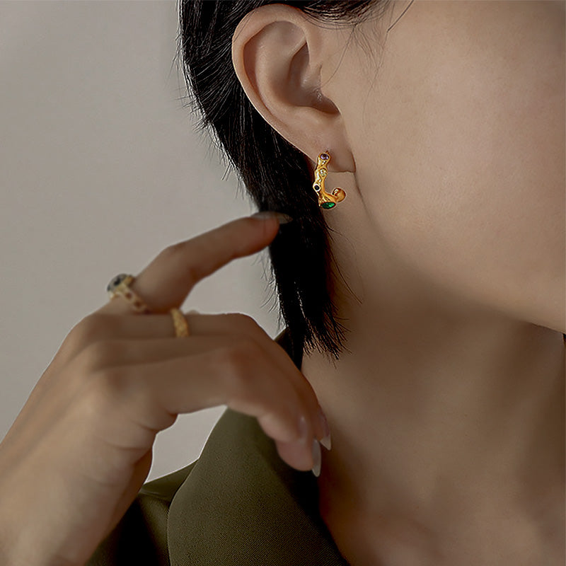 Stainless Steel Colorful Cubic Zirconia Irregular C Hoop Earrings
