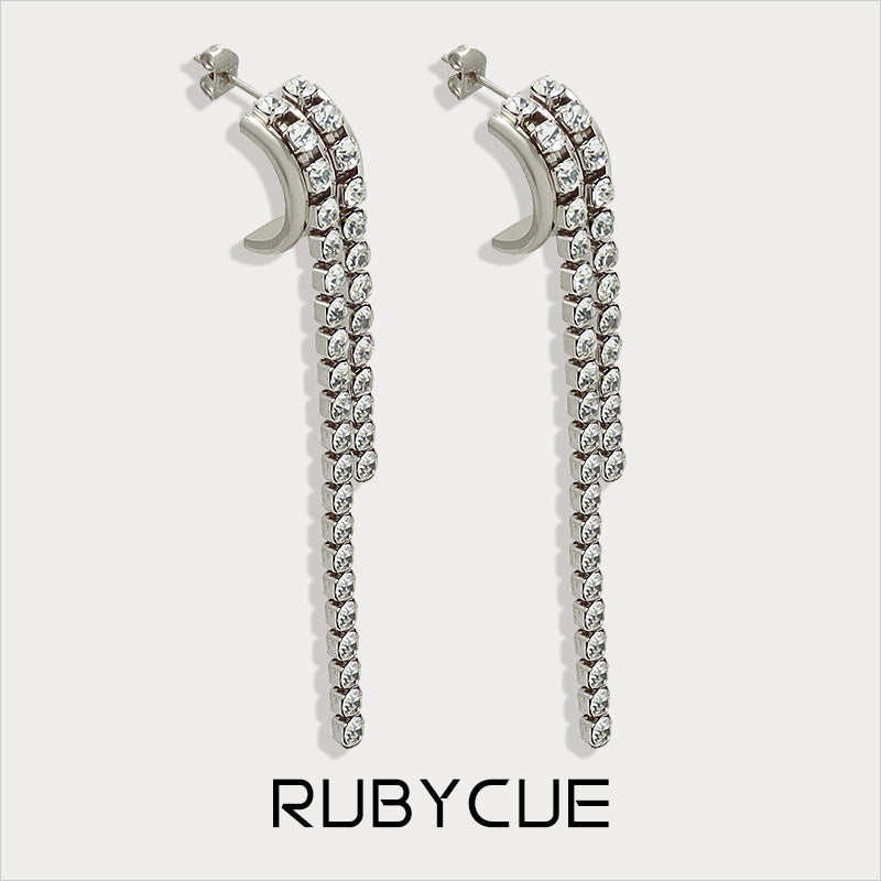 Stainless Steel Cubic Zirconia Tassel Drop C Hoop Earrings