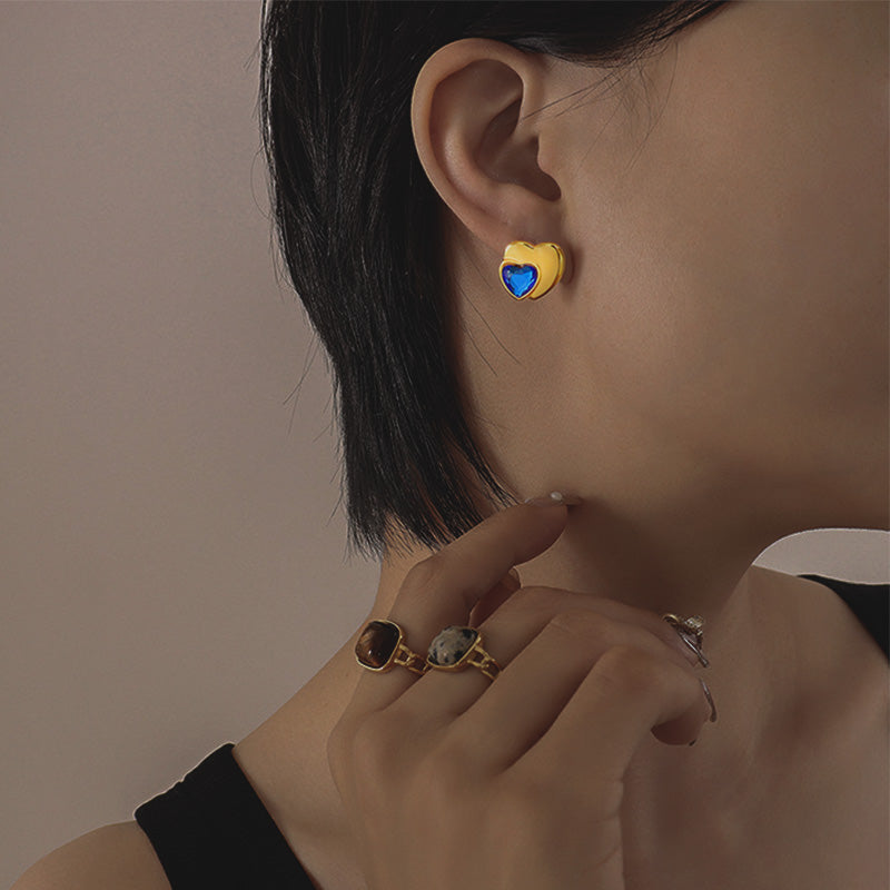 Stainless Steel Crystal Two Hearts Stud Earrings
