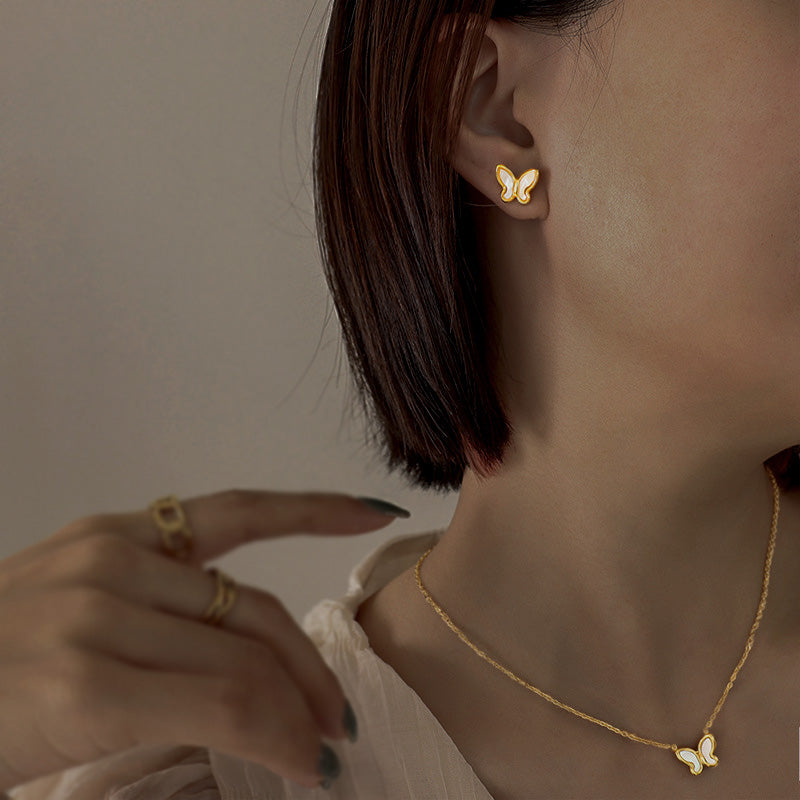 18K Gold Plated Surgical Steel & Mother-Of-Pearl Butterfly Earrings/Necklace/Set