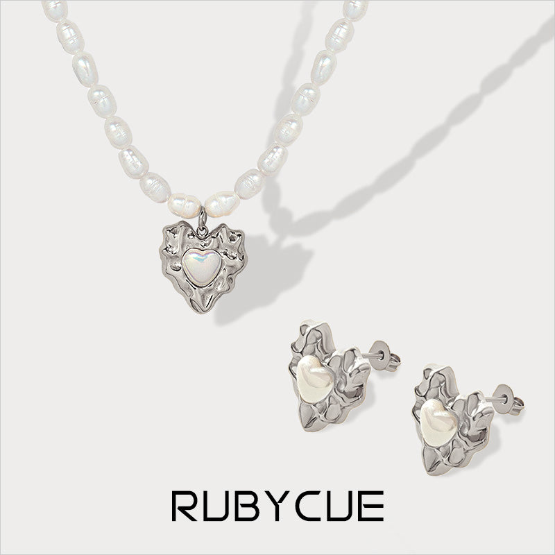 Stainless Steel & Freshwater Pearl Lava Heart Earrings/Necklace/Set