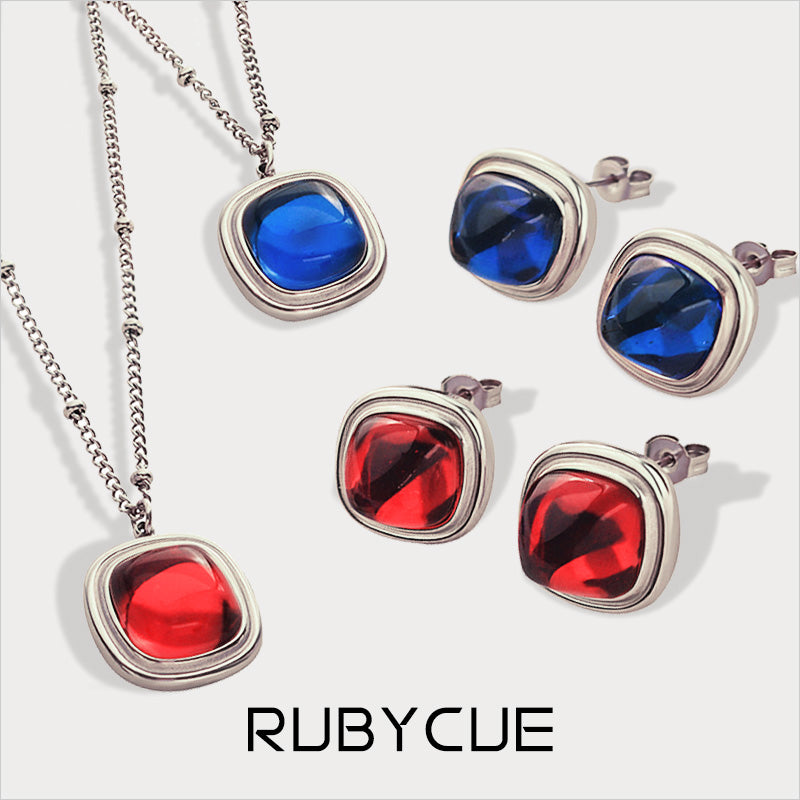 Stainless Steel & Crystal Ruby/Sapphire Square Earrings/Necklace/Set