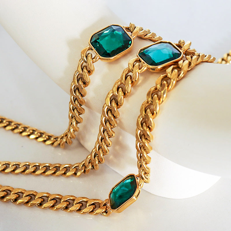 18K Gold Plated Surgical Steel Chunky Chain with Square Crystal Bracelet/Necklace/Set