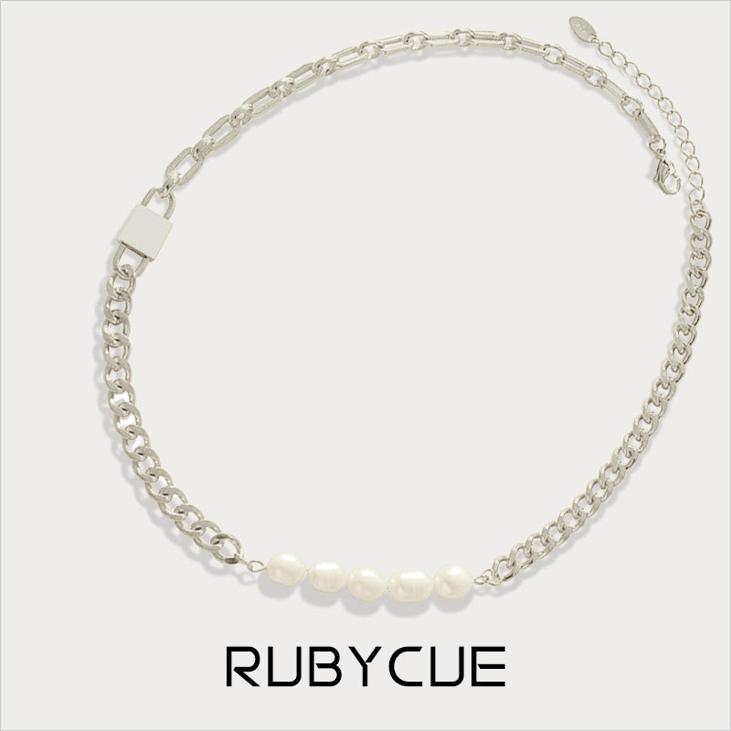 Stainless Steel Link Chain & Freshwater Pearl Choker Necklace