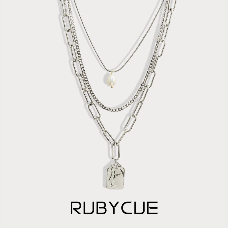 Stainless Steel & Freshwater Pearl Relief Portrait Disc 3-Row Layered Necklace
