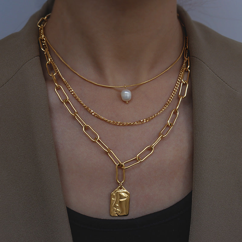 Stainless Steel & Freshwater Pearl Relief Portrait Disc 3-Row Layered Necklace