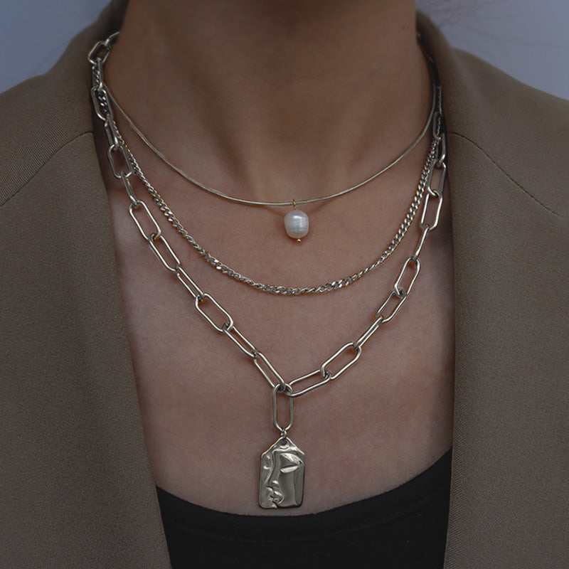 Stainless Steel & Freshwater Pearl Relief Portrait Disc 3-Row Layered Necklace