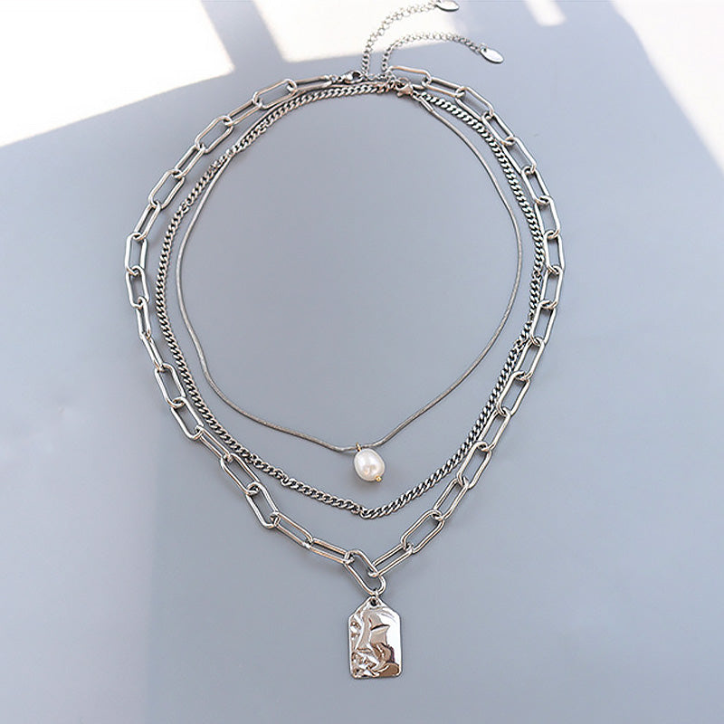 Stainless Steel & Freshwater Pearl Relief Portrait Disc 3-Row Layered Necklace