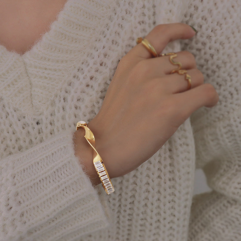 Stainless Steel Baguette Cubic Zirconia Twist Cuff Bracelet