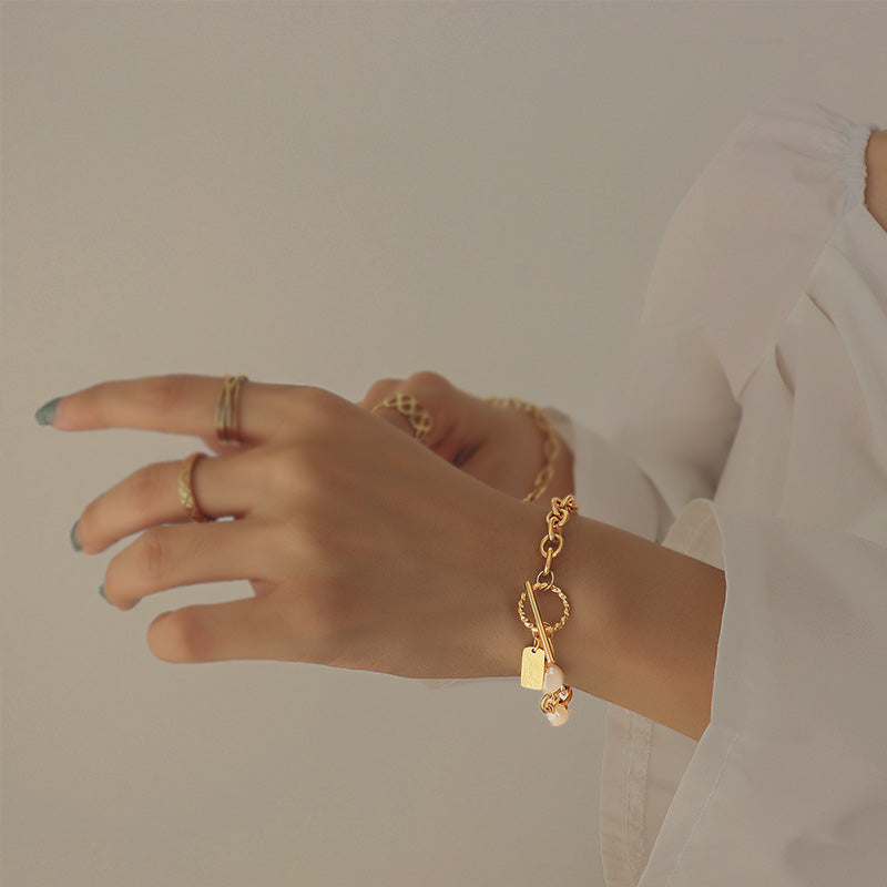 Stainless Steel & Freshwater Pearl Link Chain T and O Toggle Bracelet