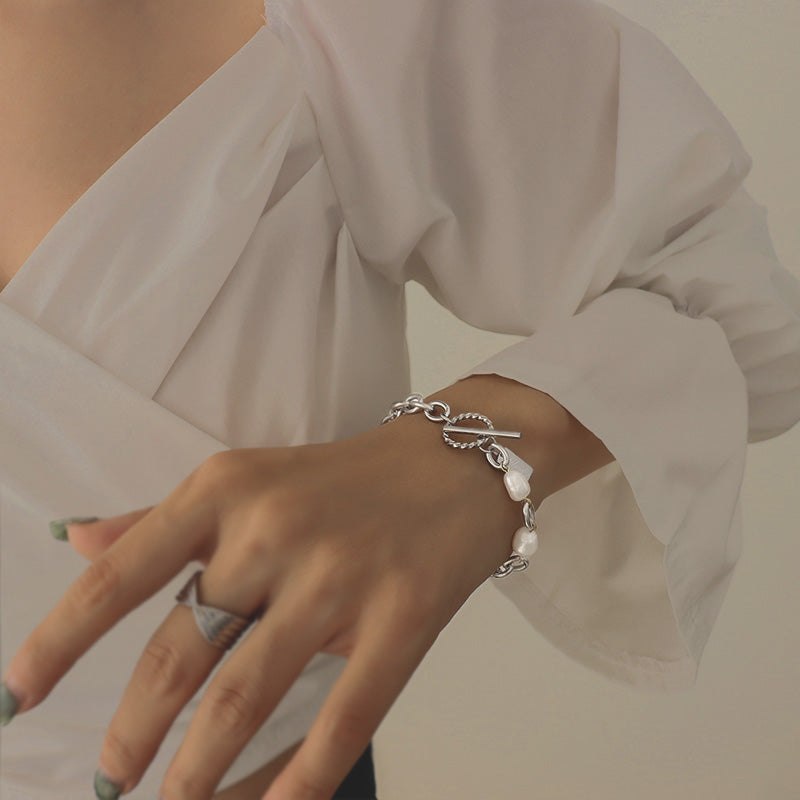 Stainless Steel & Freshwater Pearl Link Chain T and O Toggle Bracelet