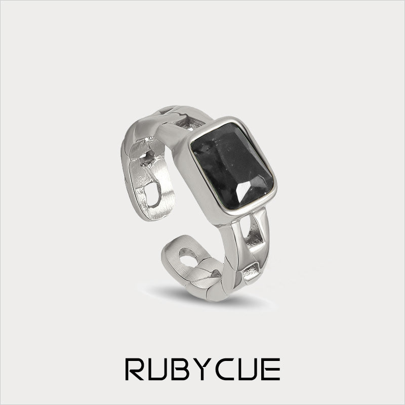 Stainless Steel Baguette Black/Emerald Cubic Zircon Rectangle Chain Open Ring