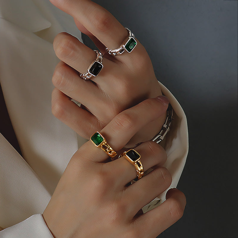 Stainless Steel Baguette Black/Emerald Cubic Zircon Rectangle Chain Open Ring