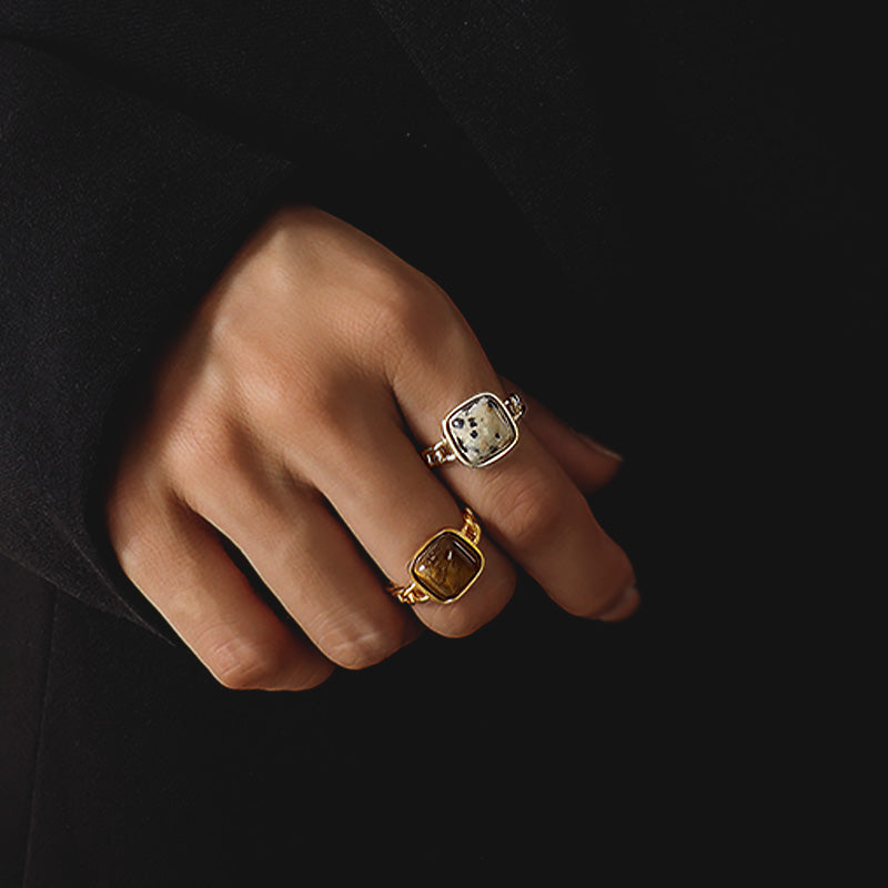 Stainless Steel & Stone Square Granite Chain Open Ring