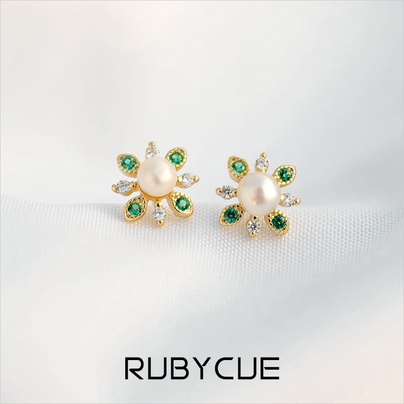 Sterling Silver Pearl and Emerald Cubic Zirconia Stud Earrings