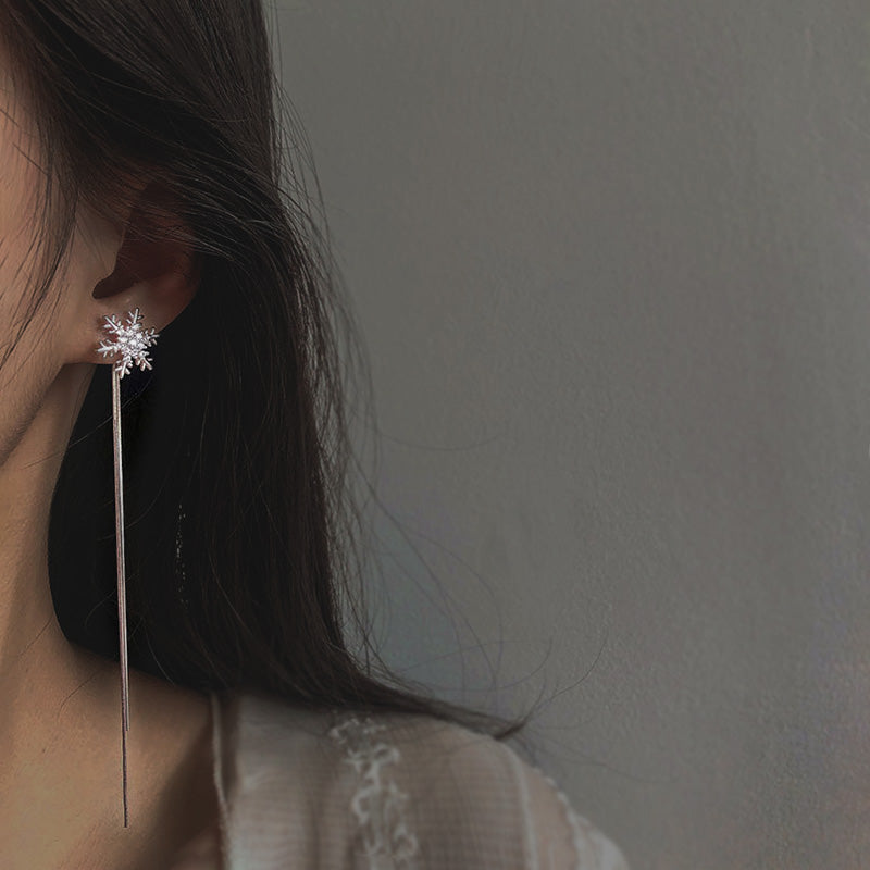 Sterling Silver Snowflake Stud & Chain Drop Long Jacket Earrings