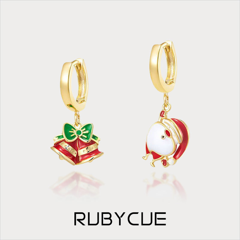 Sterling Silver Enamel Christmas Jingle Bells & Santa Drops Huggie Hoop Earrings