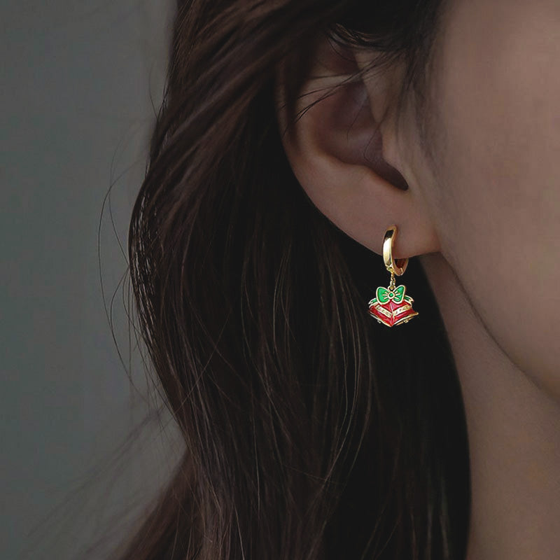 Sterling Silver Enamel Christmas Jingle Bells & Santa Drops Huggie Hoop Earrings