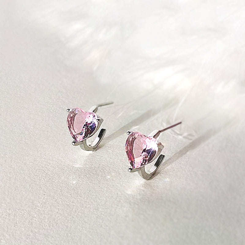 Sterling Silver & Cubic Zirconia Pink Heart C Hoop Stud Earrings