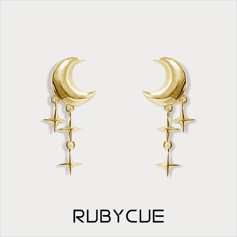 Sterling Silver Moon With Stars Drop Stud Earrings