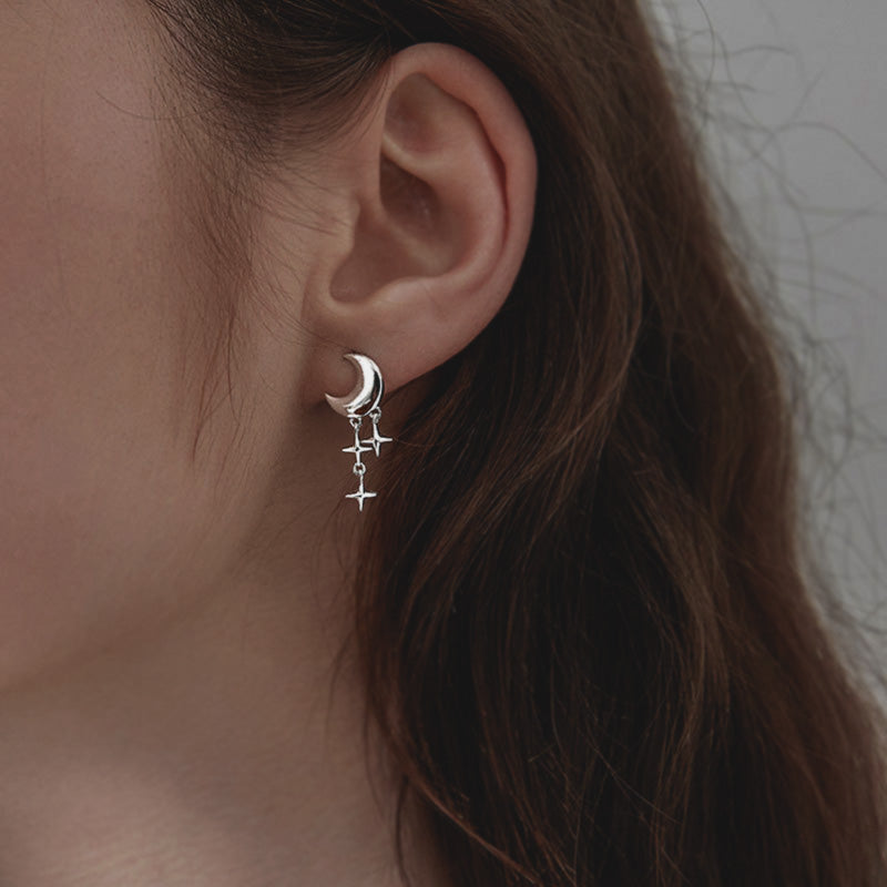 Sterling Silver Moon With Stars Drop Stud Earrings