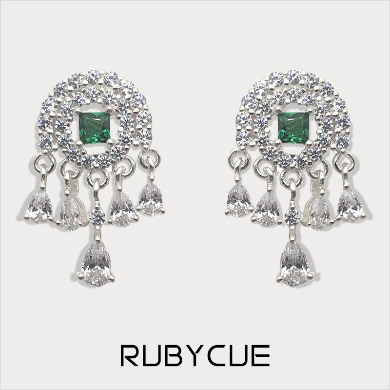 Sterling Silver Emerald & Cluster Cubic Zirconia Vintage Dangle Stud Earrings