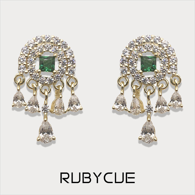 Sterling Silver Emerald & Cluster Cubic Zirconia Vintage Dangle Stud Earrings