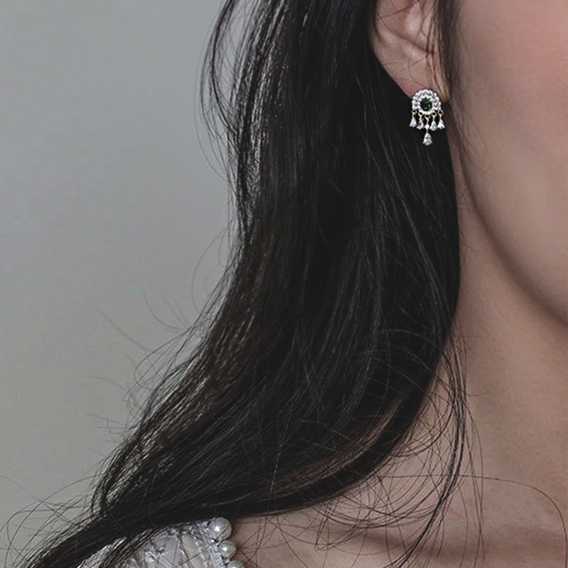 Sterling Silver Emerald & Cluster Cubic Zirconia Vintage Dangle Stud Earrings