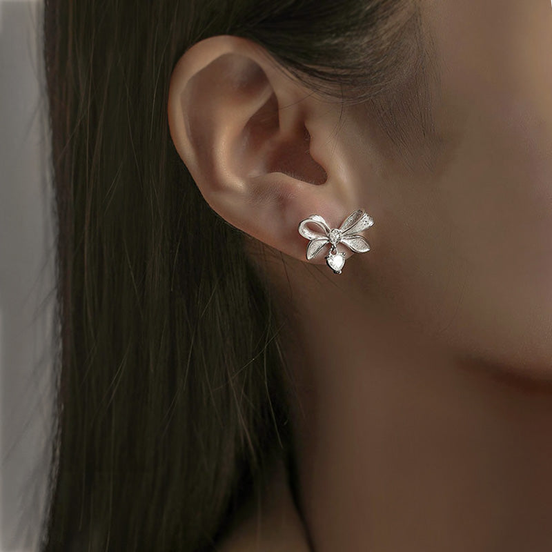 Sterling Silver & Cubic Zirconia Textured Bow With Heart Drop Stud Earrings