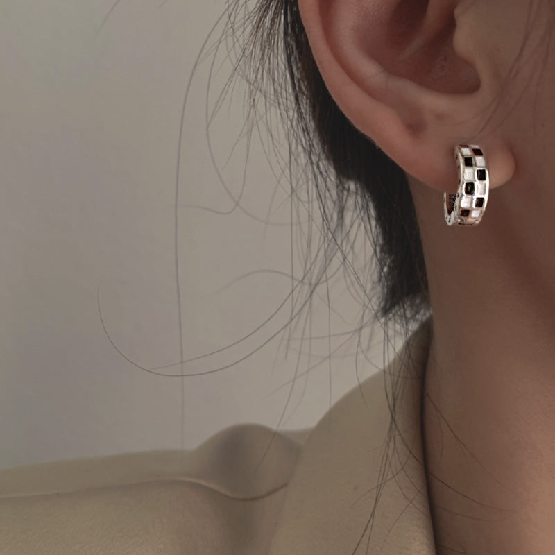 Sterling Silver Black & White Checkered Enamel Huggie Hoop Earrings