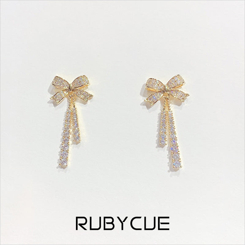 Sterling Silver & Cubic Zirconia Bow With Ribbon Drop Earrings