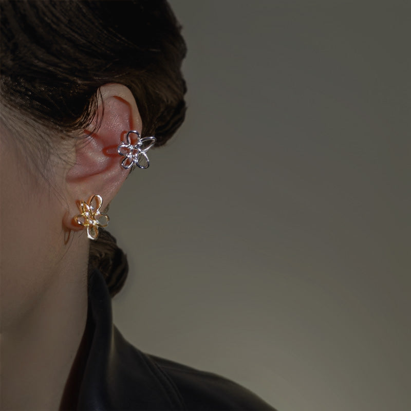 Sterling Silver & Cubic Zirconia Wire-Wrapped Flower Ear Cuff Earrings