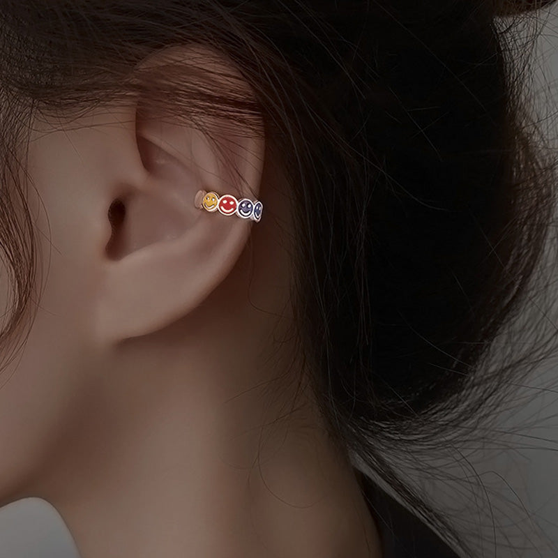 Sterling Silver Rainbow Color Enamel Smiley Ear Cuff Earrings
