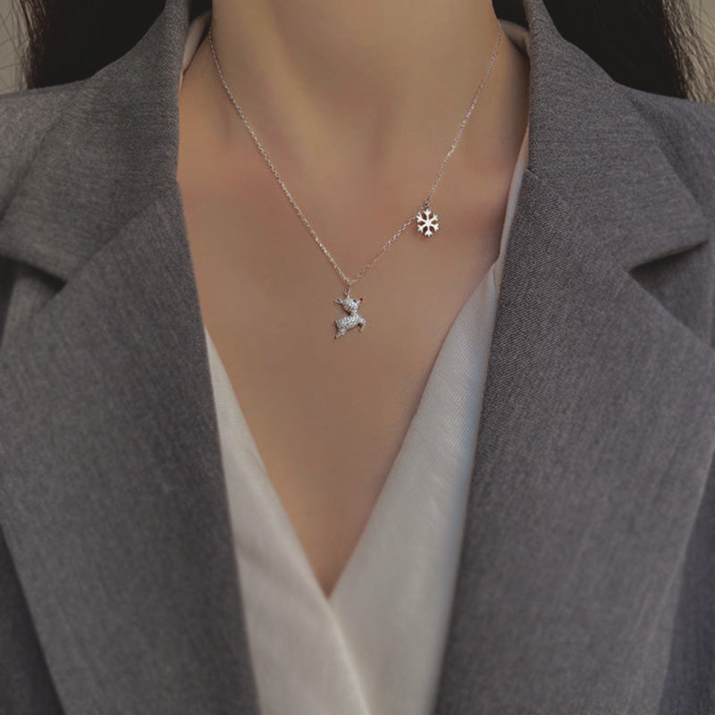 Sterling Silver Snowflake And Diamante Cluster Christmas Reindeer Pendant Necklace