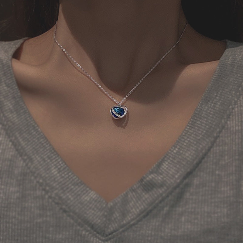 Sterling Silver Crystal Ocean Blue Double Hearts Necklace With Cubic Zirconia