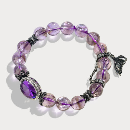 Purple Azeztulite Beads Bracelet with Cubic Zirconia Charm