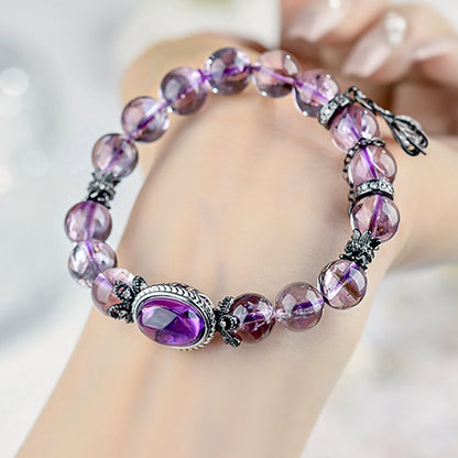 Purple Azeztulite Beads Bracelet with Cubic Zirconia Charm