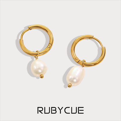 18K Gold Plated Surgical Steel Freshwater Pearl Drop Huggie Hoop Earrings