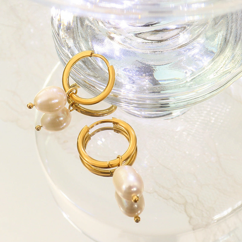 18K Gold Plated Surgical Steel Freshwater Pearl Drop Huggie Hoop Earrings