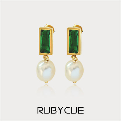 Stainless Steel Baguette Emerald Cubic Zirconia & Freshwater Pearl Drop Earrings